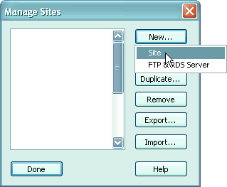 Manage Sites window - New Button